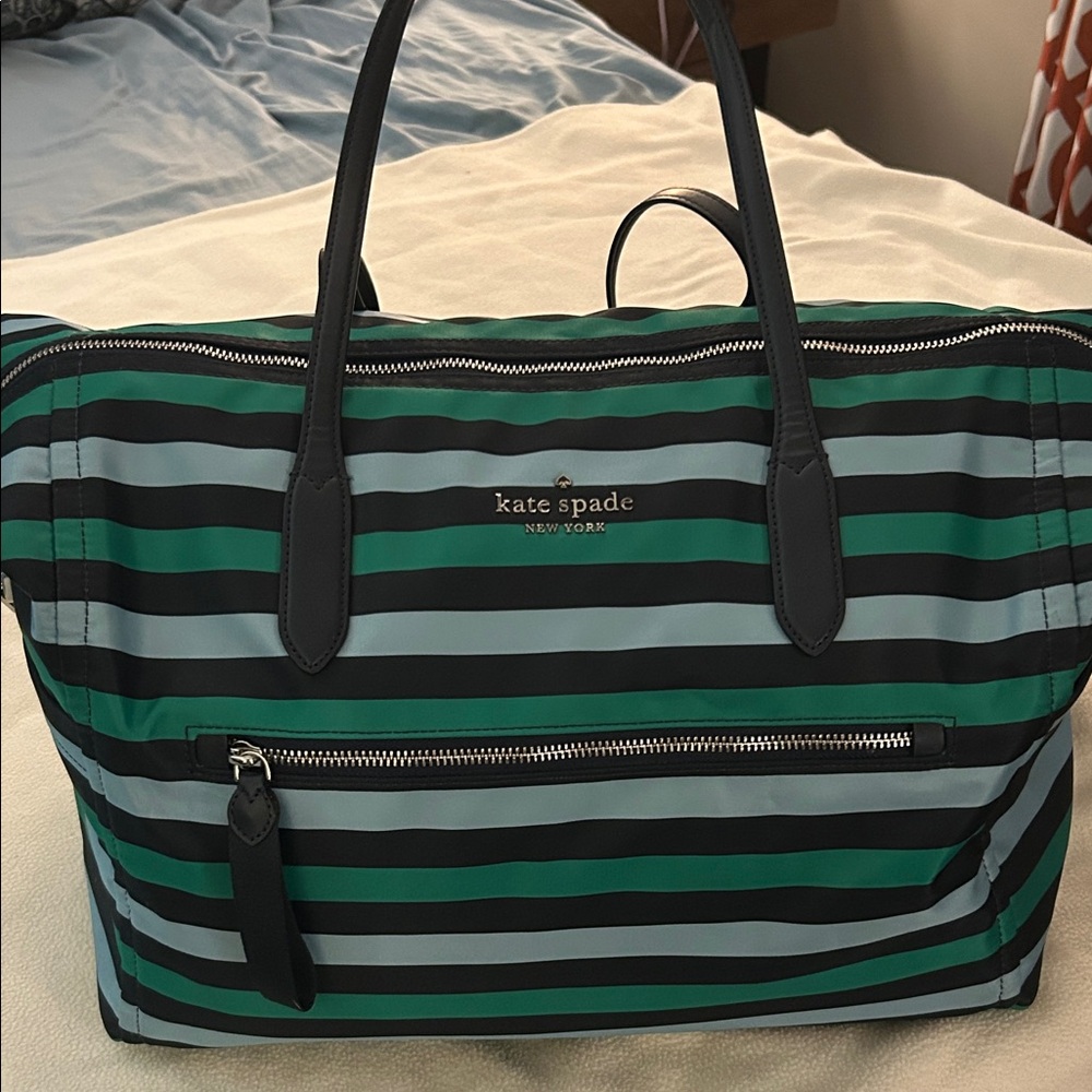 Kate Spade Striped Weekender Travel Bag in Green and  Navy